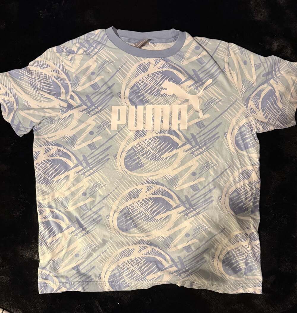 Puma AOP T-Shirt Size L Blue White Graphic Print